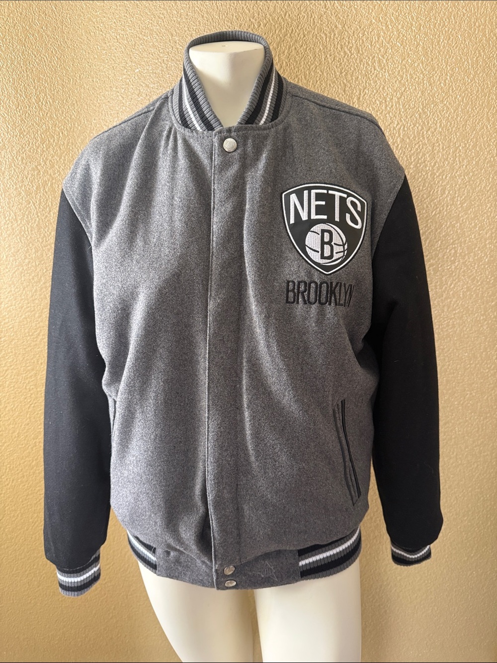 NBA JH Design Reversible Brooklyn Nets Grey and Black Varsity Jacket
